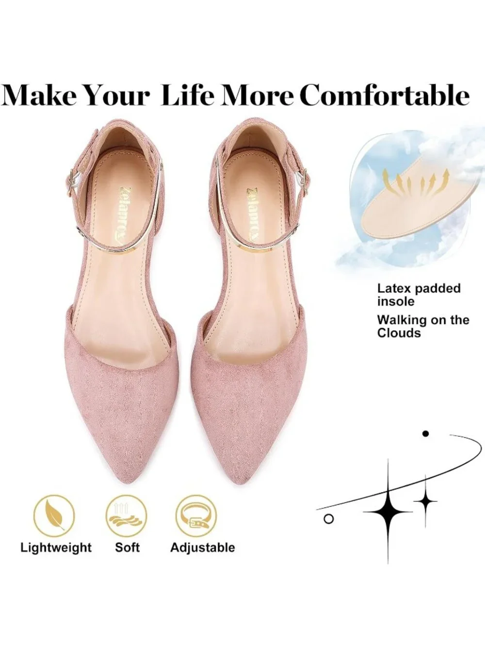 Women's Pink Suede Pointed Toe Flats Fancy Gold Ankle Strap Rhinestone Shoes